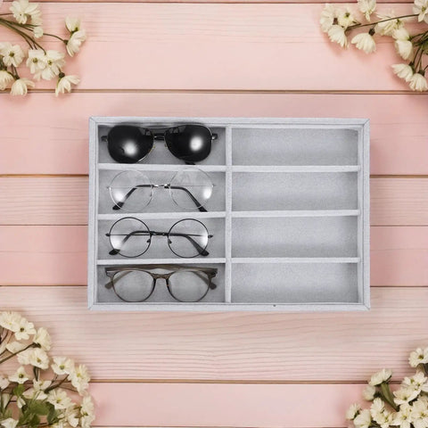 Stay Super Fresh With This Hella Soft Gray Velvet Jewelry Organizer Tray Featuring Eight Quick Grab Grids, Sleek Watch And Sunglasses Display Plate, Portable Drawer Storage showing eyewear in gray velvet.
