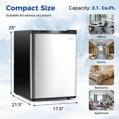 Compact Upright Freezer Featuring Tunable Thermostat And Snap Out Shelves Total Game Changer Pad Saver Cooler For Bedroom Dorm Or Cramped Apartment Silver Exterior showing dimensions and use cases.