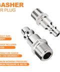 GASHER 5-piece air plug set, stainless steel 304, 1/4 MNPT male, high-flow pneumatic plugs