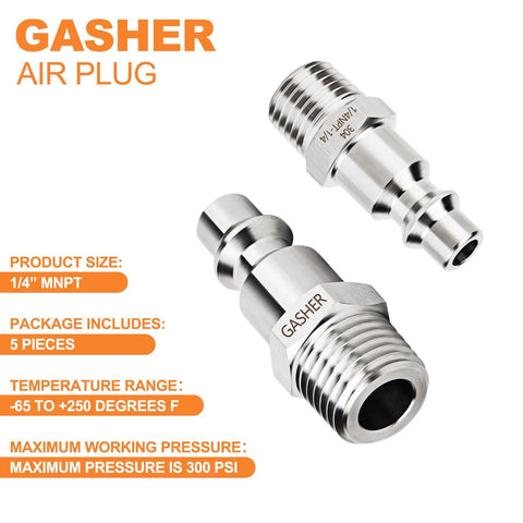 GASHER 5-piece air plug set, stainless steel 304, 1/4 MNPT male, high-flow pneumatic plugs