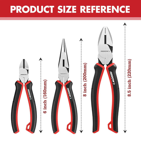 3 Piece Pliers Set Including 8.5 Inch Linesman, 8 Inch Needle Nose Pliers, 6 Inch Diagonal Cutter, Comfortable Ergonomic Anti Slip Handle