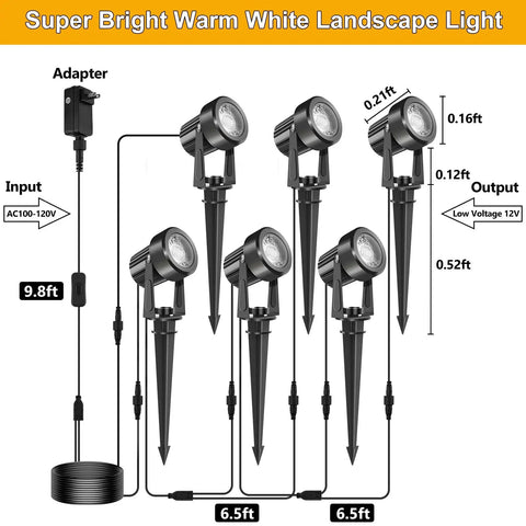 Diagram of Six Pack Low Voltage Outdoor LED Landscape Spotlights With Transformer, showing connections and cable lengths.