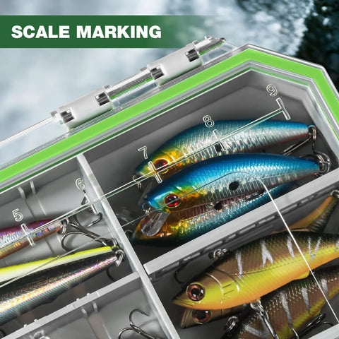 Waterproof Fishing Tackle Box With 3600 And 3700 Trays, Removable Dividers, Deep Lure And Terminal Tackle Organizer with scale marking.