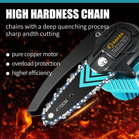 Close-up of Mini Cordless Chainsaw Portable Electric Handheld Pruning Saw For Tree Branches, high hardness chain detail