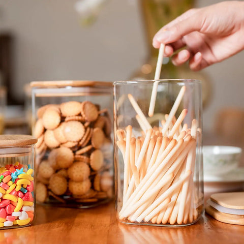 Airtight Glass Storage Jars Set Of 6 37 Oz Each With Bamboo Lids For Tea Coffee Flour Sugar Snacks Spices Candy And Cookies