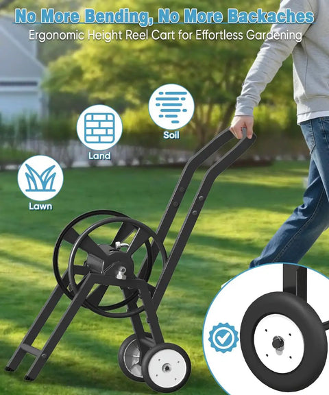 Heavy Duty Garden Hose Reel Cart With Wheels Holds 165 Feet Of Five Eighth Inch Hose seen on grassy lawn with user walking