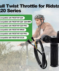 Full Twist Throttle Grip For 48V E Bikes And Scooters With LCD Display And Key Lock No Fuss Plug And Play 3 Pin Connector Compatible With Ridstar Q20 Q20Lite Q20Pro H20 H26Pro Easy Install, shown with compatibility list for Ridstar models.