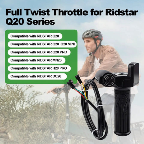 Full Twist Throttle Grip For 48V E Bikes And Scooters With LCD Display And Key Lock No Fuss Plug And Play 3 Pin Connector Compatible With Ridstar Q20 Q20Lite Q20Pro H20 H26Pro Easy Install, shown with compatibility list for Ridstar models.