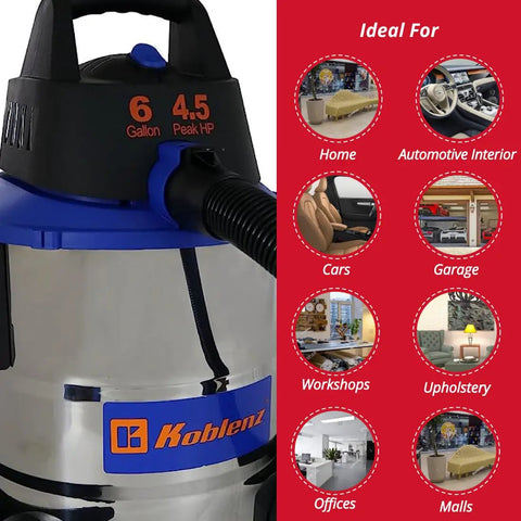 Wet-Dry Vacuum Cleaner With 6-Gallon Tank, 4.5 Peak HP Motor, Lightweight And Easy-To-Transport, Stainless And Blue Finish