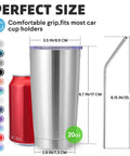 Top Shelf 20 Oz Stainless Steel Tumbler Bulk 12 Pack Double Wall Vacuum Insulated Travel Coffee Mug With Splash Proof Lid And Straw Fits Cup Holder Powder Coated Finish Keeps Your Sip Frosty While You Run Things Silver 12 Pack with dimensions and car cup holder fit.