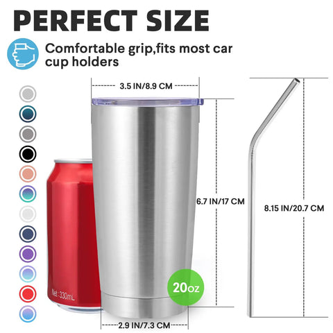Top Shelf 20 Oz Stainless Steel Tumbler Bulk 12 Pack Double Wall Vacuum Insulated Travel Coffee Mug With Splash Proof Lid And Straw Fits Cup Holder Powder Coated Finish Keeps Your Sip Frosty While You Run Things Silver 12 Pack with dimensions and car cup holder fit.