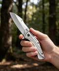 Person holding EDC Pocket Knife With 3.5 Inch Flipper And Liner Lock 420C Stainless Steel Blade in outdoor setting