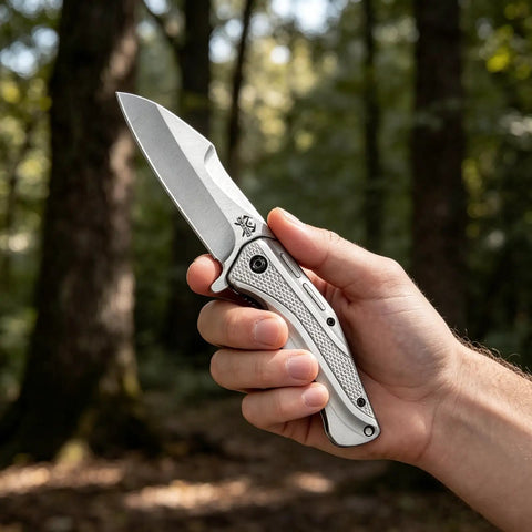 Person holding EDC Pocket Knife With 3.5 Inch Flipper And Liner Lock 420C Stainless Steel Blade in outdoor setting