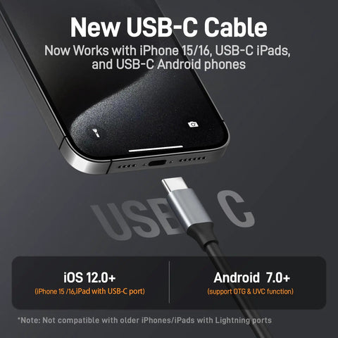 Rifle Borescope USB-C For iPhone 15/16 And Android, close-up of USB-C cable connecting to iPhone.