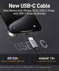 New USB-C cable with iPhone 15/16 and USB-C Android phone compatibility, shown with USB-C plug