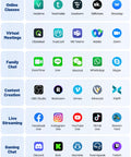 Graphic showing various apps for online classes, virtual meetings, family chats, content creation, live streaming, and gaming chat.