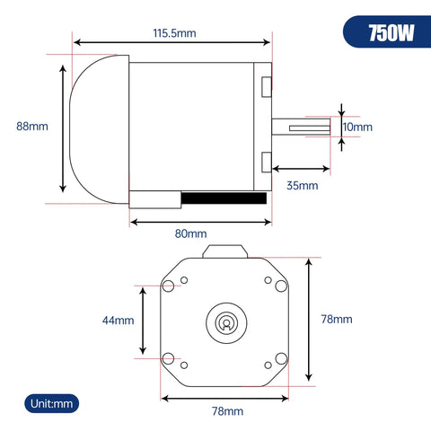 Technical drawing of DC Brushless Lathe Spindle Motor Kit 750W 110V for CJ0618 Mini Lathe, showing dimensions and specifications.