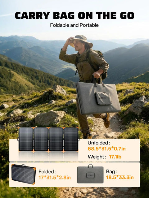 Man carrying foldable Portable Power Station 2800W With 200W Bifacial Solar Panel in travel bag on mountain trail