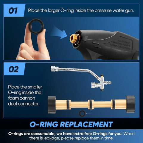 O-ring replacement process for Foam Cannon Dual Connector Accessory For Pressure Washer Kit with gun and connector, 5 sprayer nozzles included.