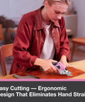 Woman using Hot 4V Cordless Electric Scissors With 3 Sharp Blades For Fabric And Cardboard on brown leather.