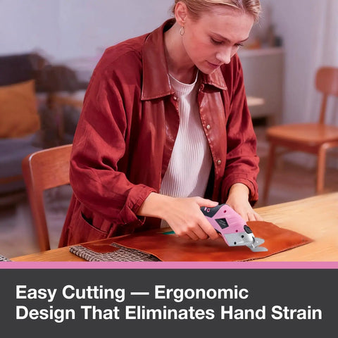 Woman using Hot 4V Cordless Electric Scissors With 3 Sharp Blades For Fabric And Cardboard on brown leather.