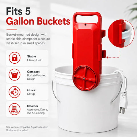 Hassle Free Portable Bucket Washer Fits 5 Gallon Cans, compact bucket-mounted design secured with clamps for small space laundry.