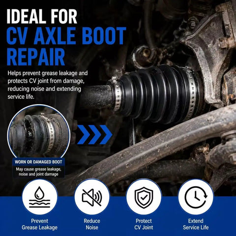 Two Piece Universal CV Boot Kit With Four Stainless Steel Clamps installed on car axle showing repair benefits