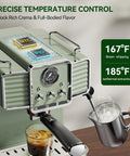 Top Notch Semi Automatic Espresso Maker With Built In Milk Steamer And 20 Bar Pressure Engineered For Your Daily Grind With Boss Level Craftsmanship In Vintage Green Finish showing precise temperature control.