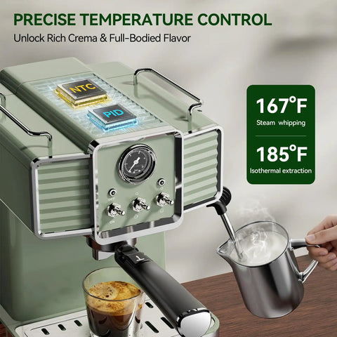 Top Notch Semi Automatic Espresso Maker With Built In Milk Steamer And 20 Bar Pressure Engineered For Your Daily Grind With Boss Level Craftsmanship In Vintage Green Finish showing precise temperature control.