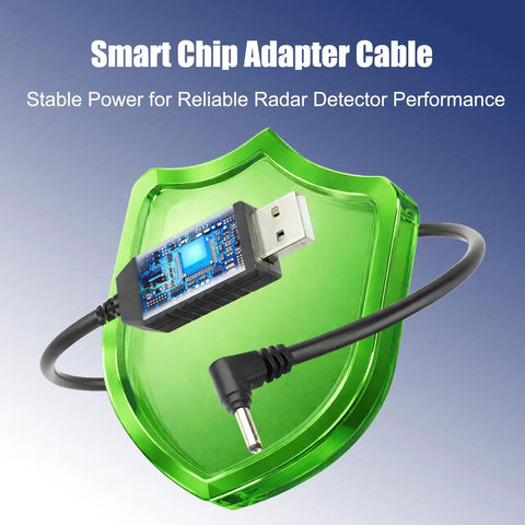 USB To DC 3.5 Power Cable For Radar Detectors 12V 6.56ft Long with smart chip, shown on green shield background