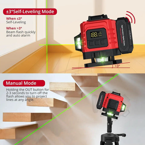 Heavy Duty 12 Line Green Laser Level With Slick Remote Control And Sturdy Triangle Bracket For Instant Self Leveling Up To Ninety Eight Feet zero guesswork for drywall and deck setup.