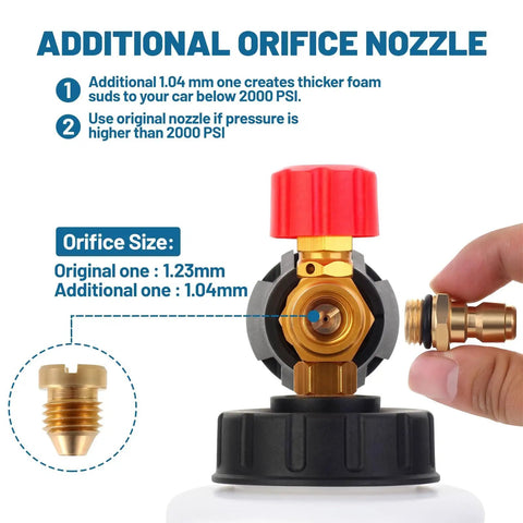 Foam Cannon For Pressure Washer Gun Kit With 1 Quarter Inch Quick Connect, 5 Nozzle Tips, 3 Eighths Inch Swivel Connector, Extra 1.04mm Orifice, Not For Garden Hose, Handles Up To 3000 PSI And 7 GPM For Fast Car Wash, showcasing additional orifice nozzle.