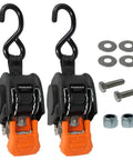 Mini G3 Self Retracting Ratchet Straps Set, 1400 Lb Break Strength, 1 Inch Wide, 6 Foot Reach, Handy For Trailers Toy Haulers ATVs And Motorcycles, 2 Pack, showing two black and orange ratchet straps with hooks and additional hardware