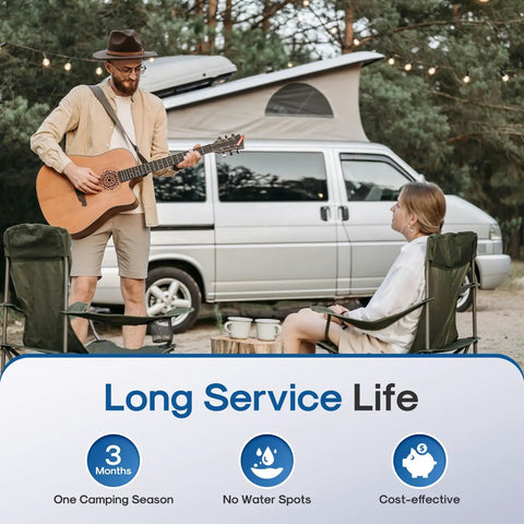 Man playing guitar next to camper van and woman sitting, RV Water Filter System 2 Pack For Drinking Water And Outdoor Use Do It All Fit