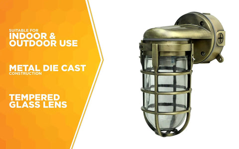 Industrial 100W Incandescent Wall Mount Light in Antique Brass, Built Tough Weatherproof Metal Die Cast Construction With Tempered Glass Lens And Protective Cage, Indoor Outdoor Lighting Fixture For Dwellings Shops And Patios