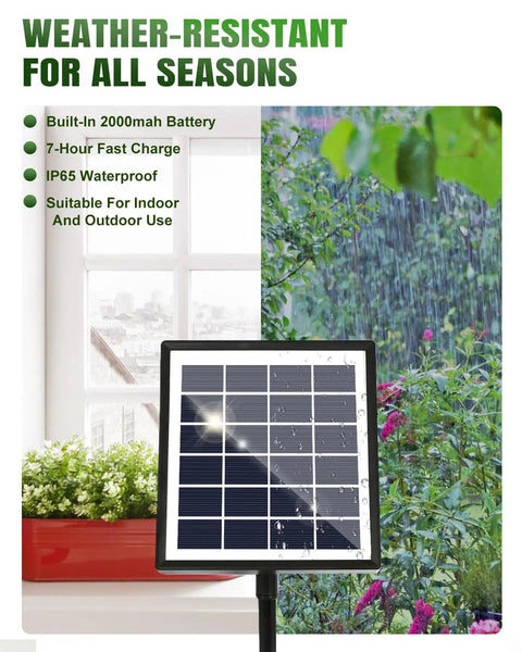 Solar Drip Irrigation Kit 50Ft With Timer Automatic Garden Watering System showing solar panel in rainy outdoor setting.