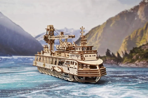 Research Vessel Mechanical Model Kit For Grownups 3D Wooden Puzzle With Rubber Band Motor Pendulum Regulator And Gear System Recreating Diesel Engine Rhythm For Brain Teaser Hobby And Home Decor wooden ship model on water