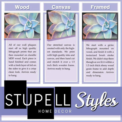 Comparison of wood, canvas, and framed Stupell Styles home decor with succulent art and descriptions of each material and finish.