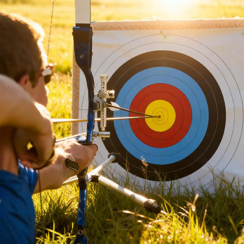 Archer aiming at 20 Inch Straw Archery Target With Handle Backyard Practice Kit Includes Replacement Target Papers With Scoring Rings Pins
