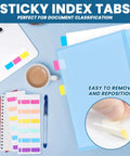 Colorful sticky index tabs set on desk with binder for 8 Pack 1 Inch 3 Ring Binders Set With 2 Pack Single Hole Punch And 120 Sticky Index Tabs