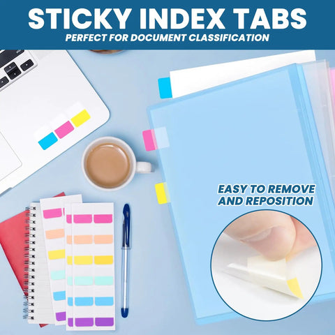 Colorful sticky index tabs set on desk with binder for 8 Pack 1 Inch 3 Ring Binders Set With 2 Pack Single Hole Punch And 120 Sticky Index Tabs