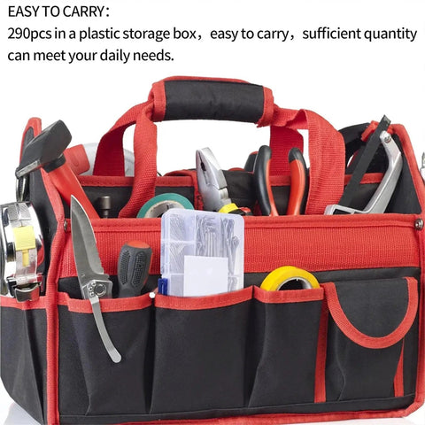 Tool bag with assorted tools and container of stainless steel cotter pins kit with 580 pieces in 24 sizes for automotive repair