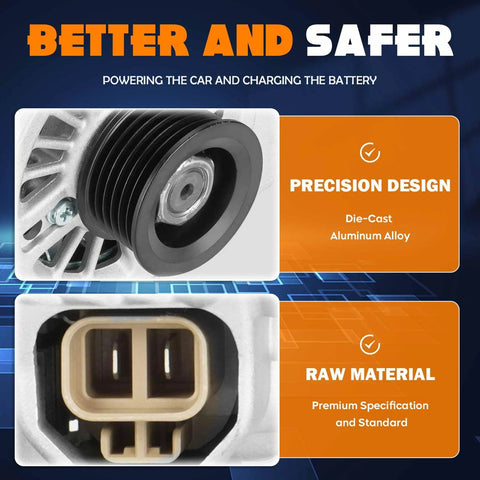Beefy 90 Amp Car Alternator Replacement precision design showing die-cast aluminum and raw material for Mazda 3 and 5.