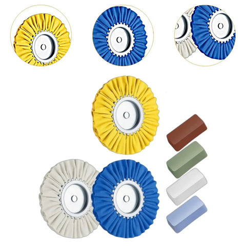 Heavy Duty 3 Airway Buffing Wheel Set With Bench Grinder Polishing Wax Wheels For Metal And Wood. Includes yellow, blue, white wheels.