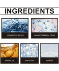 Ingredients of Windshield Crack Repair Kit With Nano Fluid Glass Repair Fluid For Chips Bulls Eye Cracks And Fractures In Auto Glass DIY Easy Step Kit With 20ml Twin Pack For Fast Clear Windshield Restoration displayed in six boxes: Deionized Water, Nano Titanium Oxide, Mineral Oil, Surfactant, Adhesive.