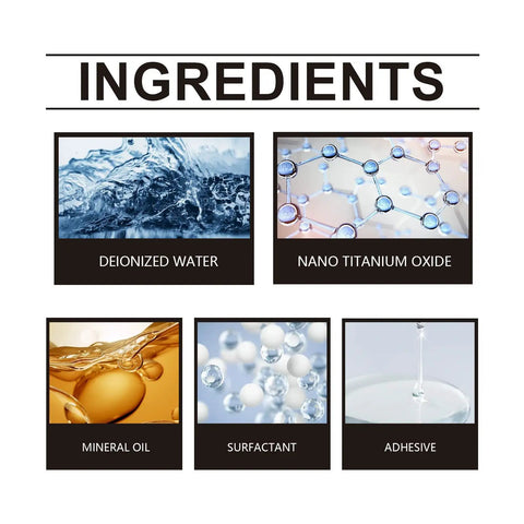 Ingredients of Windshield Crack Repair Kit With Nano Fluid Glass Repair Fluid For Chips Bulls Eye Cracks And Fractures In Auto Glass DIY Easy Step Kit With 20ml Twin Pack For Fast Clear Windshield Restoration displayed in six boxes: Deionized Water, Nano Titanium Oxide, Mineral Oil, Surfactant, Adhesive.