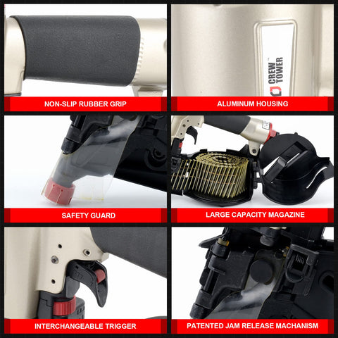 CN565B Beast 15 Gauge Siding Nail Gun Coil Pneumatic with rubber grip, aluminum housing, safety guard, and large magazine