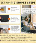 Illustration of grounding mat setup in three steps with woman seated on Grounding Mats 24x16 Inches 2 Pack For Grounding Therapy And Sleep Support
