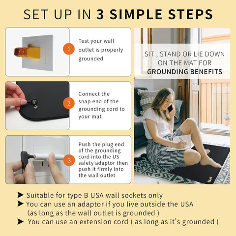 Illustration of grounding mat setup in three steps with woman seated on Grounding Mats 24x16 Inches 2 Pack For Grounding Therapy And Sleep Support
