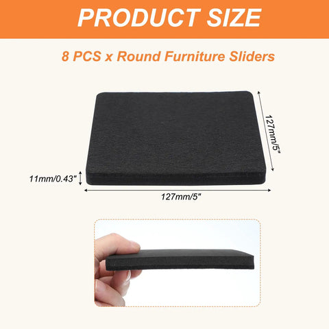 5 Inch Felt Furniture Sliders Square Movers 8 Pack Reusable FloorProtectors for moving furniture, showing size and thickness.